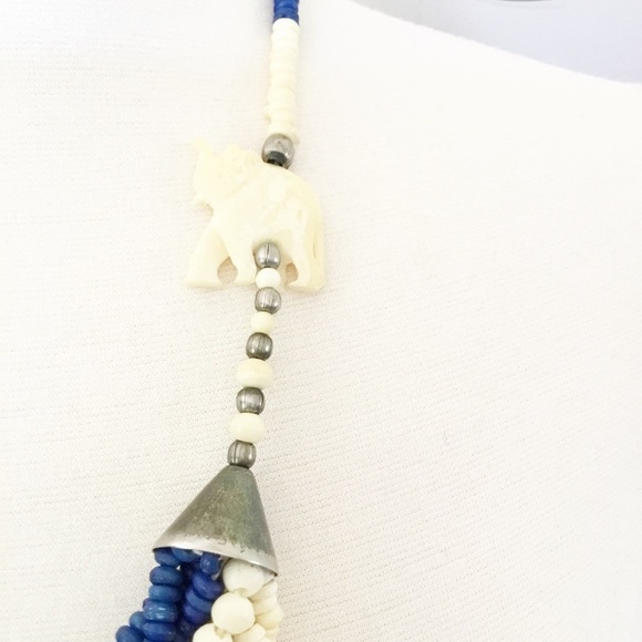 Vintage Elephant Blue & Cream Beaded Necklace - Picture 2 of 5